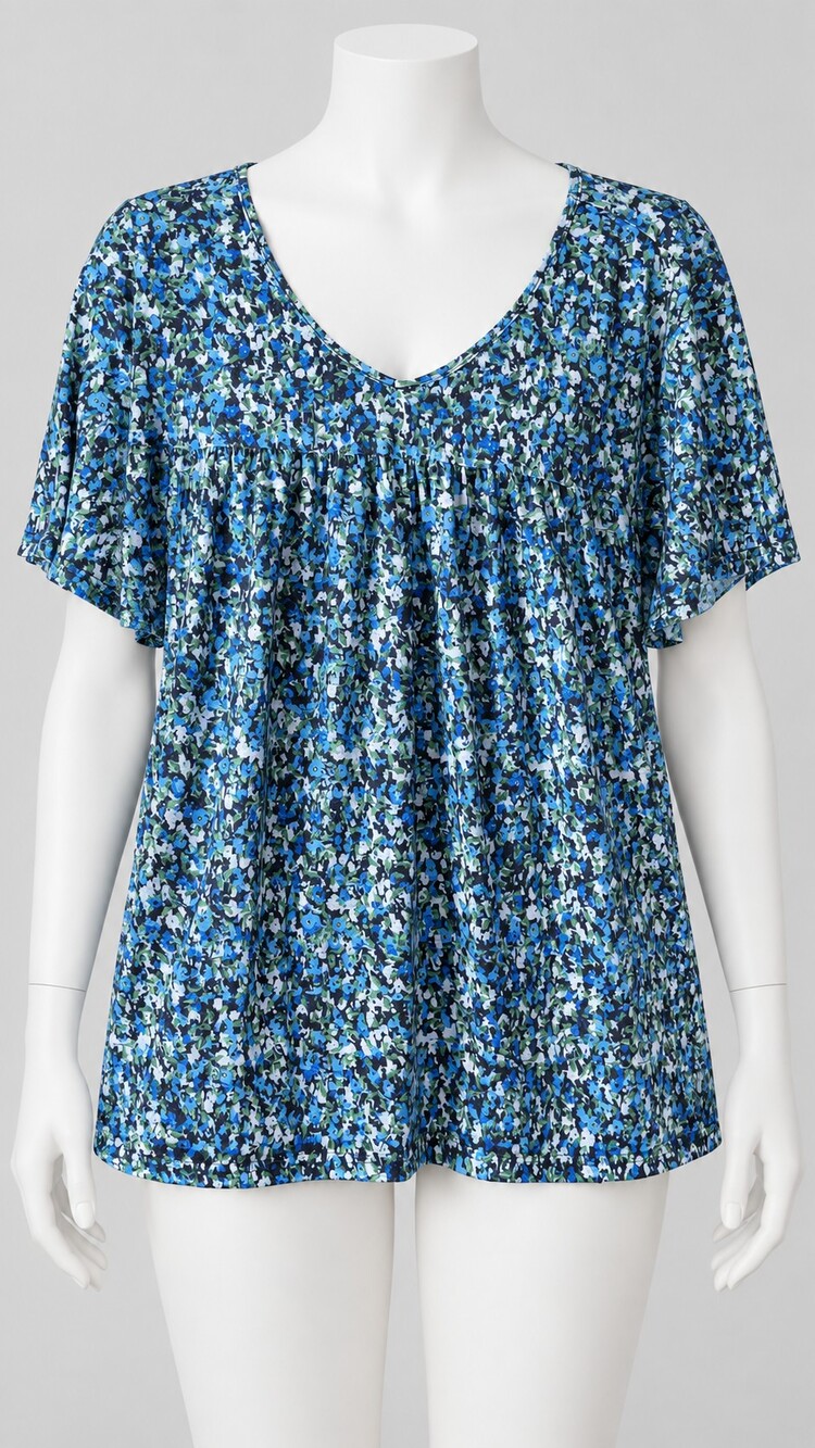 3XL Blue Floral V Neck Short Sleeve Blouse Lightweight Soft Fabric